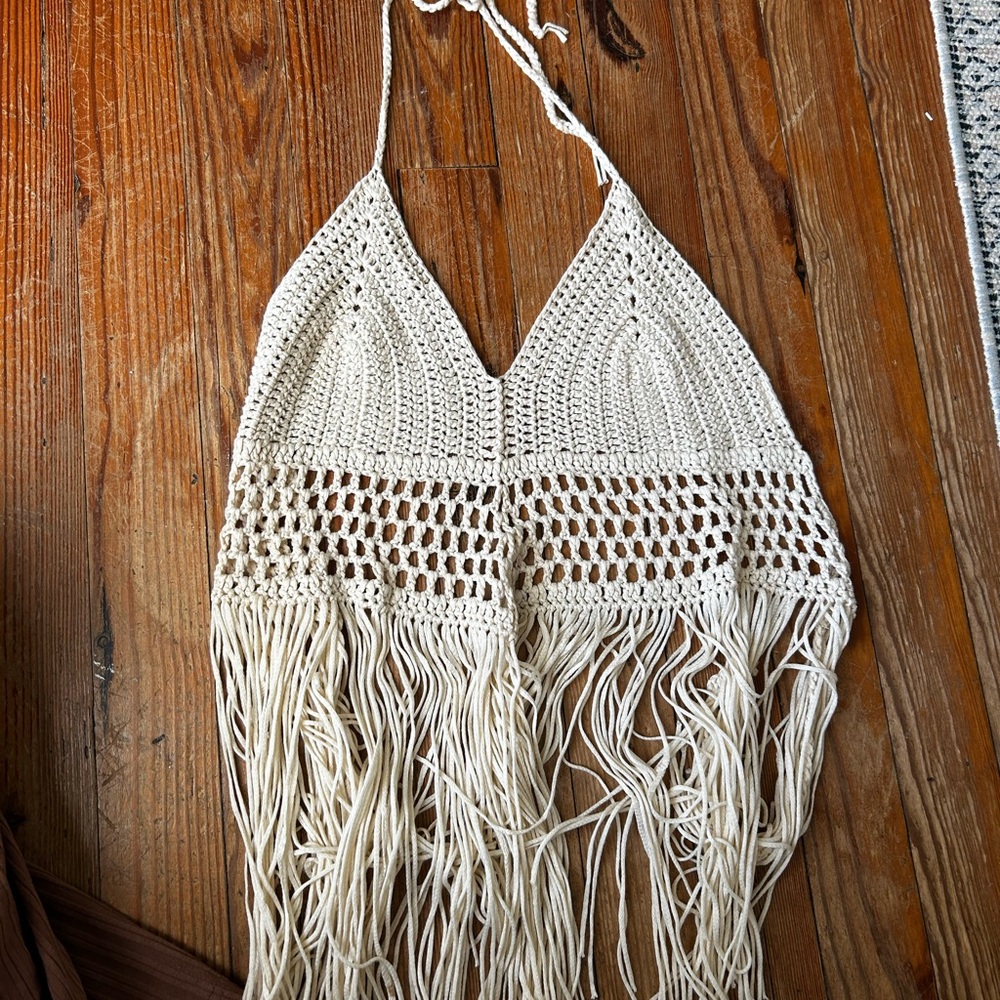 SHEIN Cream Crochet Fringe Crop Top